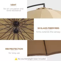 Outsunny 3(m) Cantilever Umbrella 18 Ribs & Vents Adjustable Angle for Patio Khaki - 6