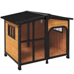 PawHut Wooden Dog Kennel with Removable Floor, Asphalt and Openable Roof, Large Window, for Large Dogs, Yellow - 1