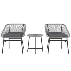 Outsunny 3 Pieces Rattan Bistro Set, Wicker Small Garden Table and Chairs Set with Cushions and Glass Top Coffee Table, Bistro Garden Furniture Set for Outdoor, Patio, Balcony, Light Grey - 1