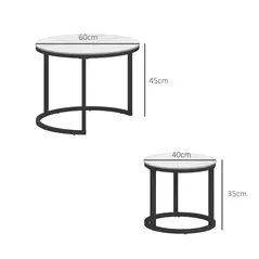 HOMCOM Glass Coffee Table Set of 2, Round Nest of Tables with Marble-Effect Tempered Glass Tabletop and Steel Frame, Modern Side Tables for Living Room, White - 3