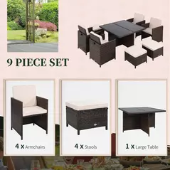 Outsunny 8 Seater Rattan Cube Garden Furniture Set, Rattan Dining Set with Cushions, Outdoor Dining Table and Chairs with 4 Armchairs, 4 Stools, Square Glass Top Table for Patio, Balcony, Brown - 7