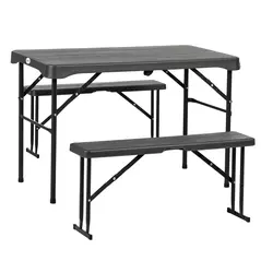 Outsunny Folding Picnic Table with 2 Benches, 3-Piece Portable Garden Furniture Set for 4, Dining Table Set with Plastic Top, Steel Frame, Dark Grey - 1
