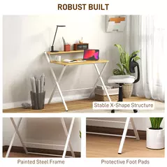 HOMCOM Compact Folding Desk for Small Spaces, Foldable Computer Desk with Storage Shelf for Home Office, 2-Tier Study Writing Table, 86 x 66 x 82 cm, Maple Wood-effect - 6