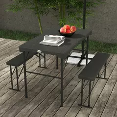 Outsunny Folding Picnic Table with 2 Benches, 3-Piece Portable Garden Furniture Set for 4, Dining Table Set with Plastic Top, Steel Frame, Dark Grey - 2