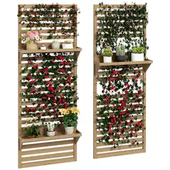 Outsunny Wall Mounted Plant Stands Set of 2, Fir Wood Flower Stand with Shelves and Slatted Trellis for Patio, Balcony, Porch - 1