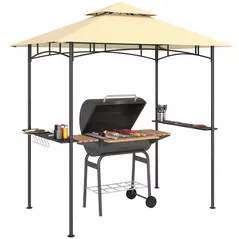 Outsunny 8' x 5' Grill Gazebo, Double Tiered BBQ Gazebo Shelter Canopy with LED Lights, 2 Side Shelves, Hooks, Beige - 1