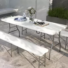 Outsunny Folding Garden Table, 180 x 75cm Rectangular HDPE Outdoor Picnic Table for 6, Metal Frame for Patio, Park, White - 2