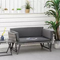 Outsunny 2 Seater Rattan Sofa with Cushions, 2-in-1 PE Rattan Daybed Sofa with Left Up or Down Armrests, Garden Chaise Lounger Loveseat for Outdoor, Patio, Mixed Grey - 2