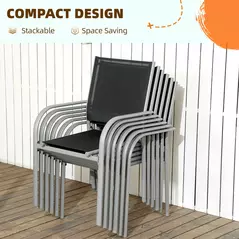 Outsunny 7 Piece Outdoor Garden Dining Set with Table and 6 Stackable Chairs, Steel Frame, Tempered Glass Top, Mesh Seats, Black - 5