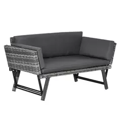 Outsunny 2 Seater Rattan Sofa with Cushions, 2-in-1 PE Rattan Daybed Sofa with Left Up or Down Armrests, Garden Chaise Lounger Loveseat for Outdoor, Patio, Mixed Grey - 1