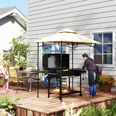 Outsunny 8' x 5' Grill Gazebo, Double Tiered BBQ Gazebo Shelter Canopy with LED Lights, 2 Side Shelves, Hooks, Beige - 9