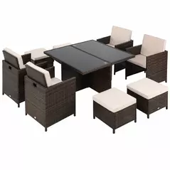 Outsunny 8 Seater Rattan Cube Garden Furniture Set, Rattan Dining Set with Cushions, Outdoor Dining Table and Chairs with 4 Armchairs, 4 Stools, Square Glass Top Table for Patio, Balcony, Brown - 1