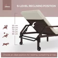 Outsunny Outdoor Sun Lounger, Rattan Wicker Chaise Recliner with 5-Level Adjustable Backrest and 2 Wheels - 4