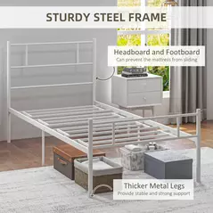 HOMCOM Single Bed Frame, Metal Bed Base with Headboard and Footboard, Metal Slat Support and 31cm Underbed Storage Space - 6