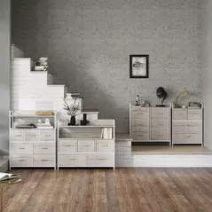 HOMCOM Rustic Chest of Five Fabric Drawers - Natural - 9