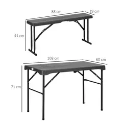 Outsunny Folding Picnic Table with 2 Benches, 3-Piece Portable Garden Furniture Set for 4, Dining Table Set with Plastic Top, Steel Frame, Dark Grey - 3