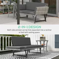 Outsunny 2 Seater Rattan Sofa with Cushions, 2-in-1 PE Rattan Daybed Sofa with Left Up or Down Armrests, Garden Chaise Lounger Loveseat for Outdoor, Patio, Mixed Grey - 4