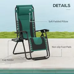 Outsunny Zero Gravity Lounger Chair, Folding Reclining Patio Chair with Padded Seat, Cup Holder, Soft Cushion and Headrest for Poolside, Camping, Green - 7
