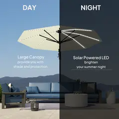 Outsunny 3(m) Cantilever Garden Parasol with Solar Powered Lights, Crank Handle & Cross Base, UPF 50+, 360° Rotation, Cream - 6