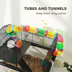PawHut Two-Tier Hamster Cage with 31cm Deep Tray, Tube System, Water Bottle, Ramp, Feeding Bowl, Multicoloured - 6