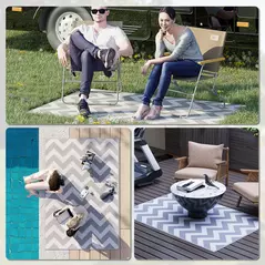 Outsunny 121 x 182 cm(4x6ft) Outdoor Rug Reversible Mat Plastic Straw Rug Portable RV Camping Mat for Garden Deck Picnic Indoor, Light Grey & White - 5