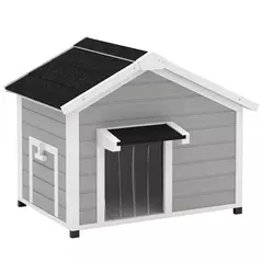 PawHut Wooden Dog House Outdoor with Openable Roof, Removable Floor, Curtain, Elevated Feet, for Medium Dogs, Light Grey - 1