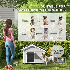 PawHut Wooden Dog House Outdoor with Openable Roof, Removable Floor, Curtain, Elevated Feet, for Medium Dogs, Light Grey - 8
