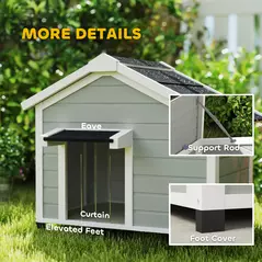 PawHut Wooden Dog House Outdoor with Openable Roof, Removable Floor, Curtain, Elevated Feet, for Medium Dogs, Light Grey - 7