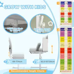 AIYAPLAY Height Adjustable Kids Desk and Chair Set, Children School Study Desk with Tiltable Desktop, Reading Rack, Grey - 5