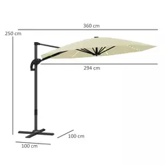 Outsunny 3(m) Cantilever Garden Parasol with Solar Powered Lights, Crank Handle & Cross Base, UPF 50+, 360° Rotation, Cream - 3