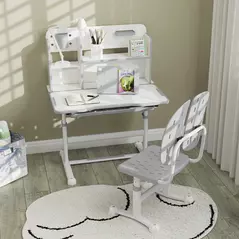 AIYAPLAY Height Adjustable Kids Desk and Chair Set, Children School Study Desk with Tiltable Desktop, Reading Rack, Grey - 8