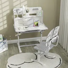 AIYAPLAY Height Adjustable Kids Desk and Chair Set, Children School Study Desk with Tiltable Desktop, Reading Rack, Grey - 8