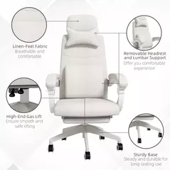 Vinsetto Linen-Look Office Chair, with 160° Reclining Back and Footrest - White - 5