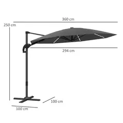 Outsunny 3(m) Cantilever Garden Parasol with Solar Powered Lights, Crank Handle & Cross Base, UPF 50+, 360° Rotation, Dark Grey - 3