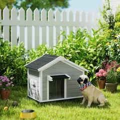 PawHut Wooden Dog House Outdoor with Openable Roof, Removable Floor, Curtain, Elevated Feet, for Medium Dogs, Light Grey - 2