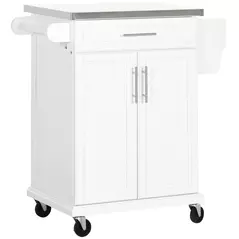 HOMCOM Wooden Kitchen Island on Wheels, Serving Cart Storage Trolley with Stainless Steel Top, Drawer, Side Handle and Rack, White - 1
