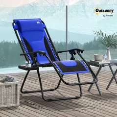 Outsunny Zero Gravity Lounger Chair, Folding Reclining Patio Chair with Padded Seat, Cup Holder, Soft Cushion and Headrest for Poolside, Camping, Blue - 2