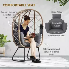 Outsunny Rattan Egg Chair Outdoor Indoor Wicker Chair with Thickened Cushion and Headrest, Standing Garden Egg Chair with Cup Holder, Metal Frame for Patio, Balcony, Brown - 4