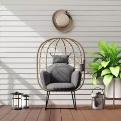 Outsunny Rattan Egg Chair Outdoor Indoor Wicker Chair with Thickened Cushion and Headrest, Standing Garden Egg Chair with Cup Holder, Metal Frame for Patio, Balcony, Brown - 9