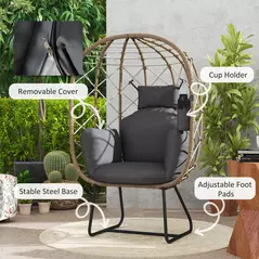 Outsunny Rattan Egg Chair Outdoor Indoor Wicker Chair with Thickened Cushion and Headrest, Standing Garden Egg Chair with Cup Holder, Metal Frame for Patio, Balcony, Brown - 7