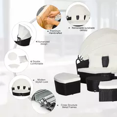 Outsunny Five-Piece Rattan Garden Bed, with Canopy - Black/White - 5