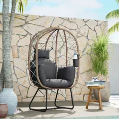 Outsunny Rattan Egg Chair Outdoor Indoor Wicker Chair with Thickened Cushion and Headrest, Standing Garden Egg Chair with Cup Holder, Metal Frame for Patio, Balcony, Brown - 8