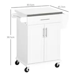 HOMCOM Wooden Kitchen Island on Wheels, Serving Cart Storage Trolley with Stainless Steel Top, Drawer, Side Handle and Rack, White - 3