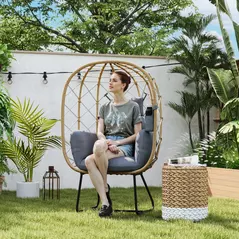 Outsunny Rattan Egg Chair Outdoor Indoor Wicker Chair with Thickened Cushion and Headrest, Standing Garden Egg Chair with Cup Holder, Metal Frame for Patio, Balcony, Brown - 2