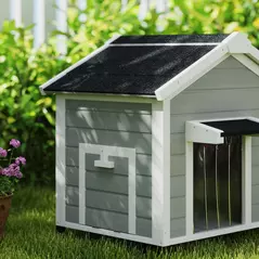 PawHut Wooden Dog House Outdoor with Openable Roof, Removable Floor, Curtain, Elevated Feet, for Medium Dogs, Light Grey - 9