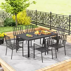 Outsunny Seven-Piece Minimal Metal Garden Dining Set, with Parasol Hole - Black - 7