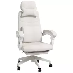 Vinsetto Linen-Look Office Chair, with 160° Reclining Back and Footrest - White - 1