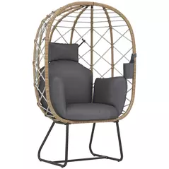 Outsunny Rattan Egg Chair Outdoor Indoor Wicker Chair with Thickened Cushion and Headrest, Standing Garden Egg Chair with Cup Holder, Metal Frame for Patio, Balcony, Brown - 1