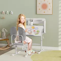 AIYAPLAY Height Adjustable Kids Desk and Chair Set, Children School Study Desk with Tiltable Desktop, Reading Rack, Grey - 2