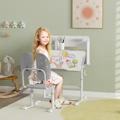 AIYAPLAY Height Adjustable Kids Desk and Chair Set, Children School Study Desk with Tiltable Desktop, Reading Rack, Grey - 2